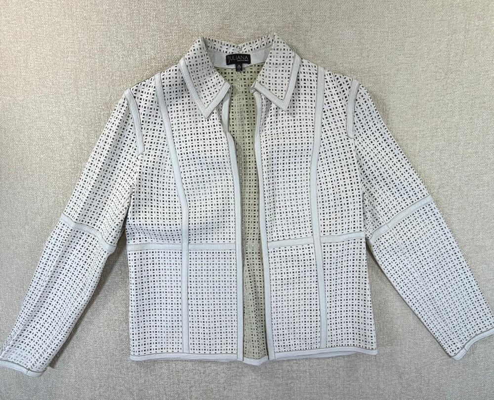 Juliana Collezione Women's Medium White Laser Cut Eyelet Leather Blazer Jacket